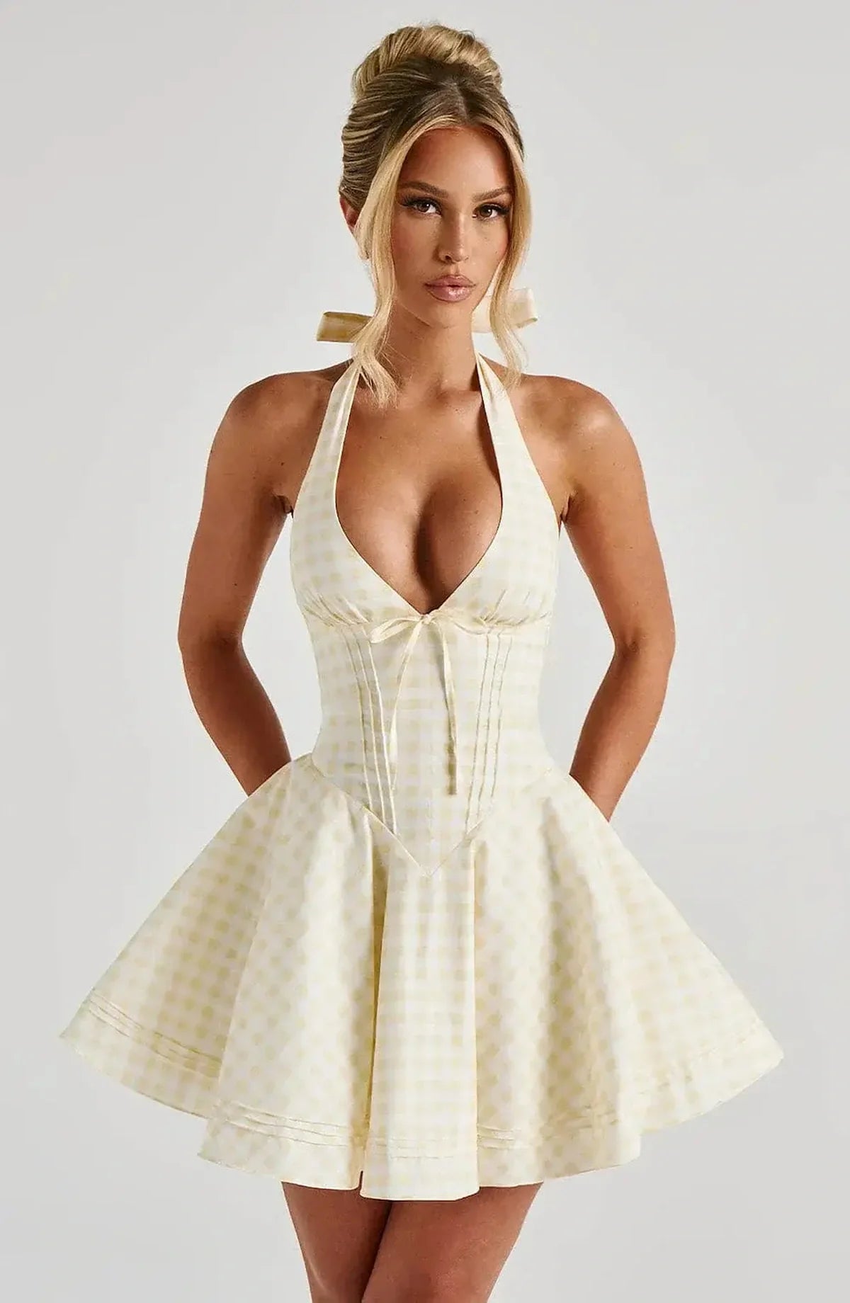 Sunny Mini Dress in yellow gingham, featuring halter neckline and structured silhouette, perfect for summer and special occasions.
