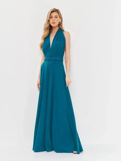 Elegant deep teal maxi dress with draped halter neckline and flowing skirt, perfect for formal occasions.