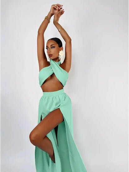 Tiffany Breeze Set by Lauven – Elegant mint halter crop top & high-slit maxi skirt for summer style.
