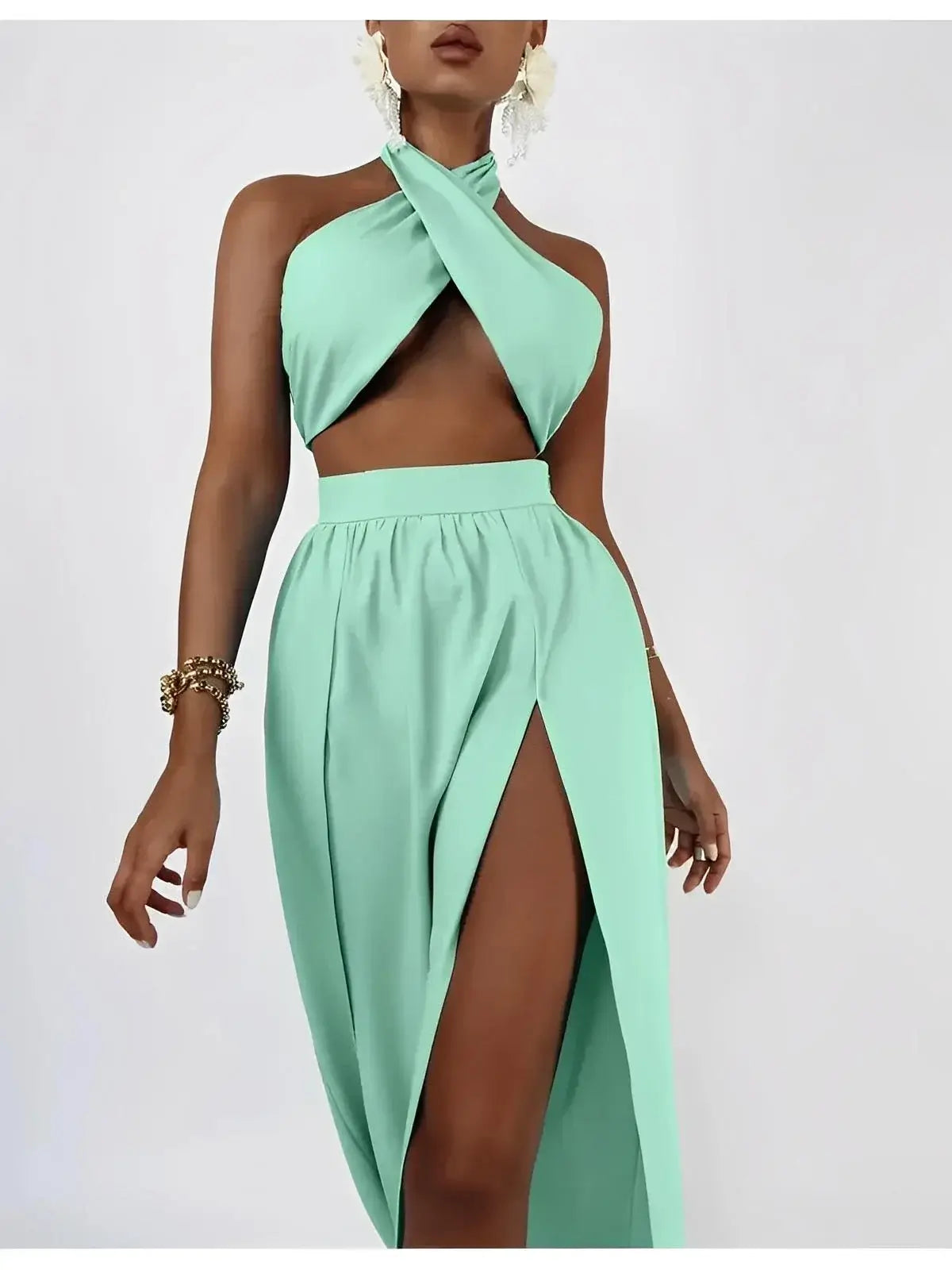 Tiffany Breeze Set by Lauven – Halter crop top and high-slit maxi skirt in mint hue for summer elegance.