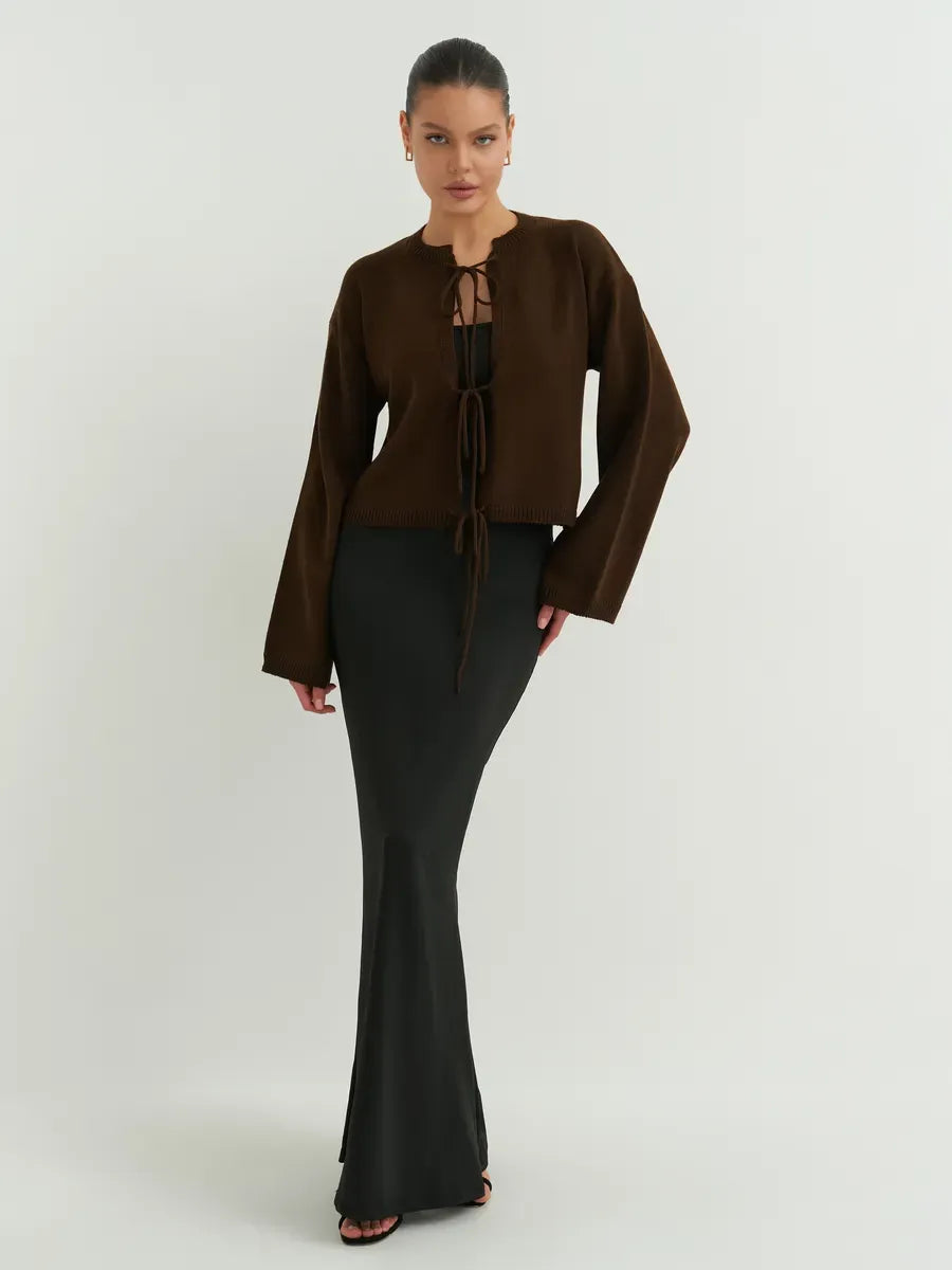 Umber Cardigan by Lauven, cropped brown knit with tie-front detailing for effortless layering.