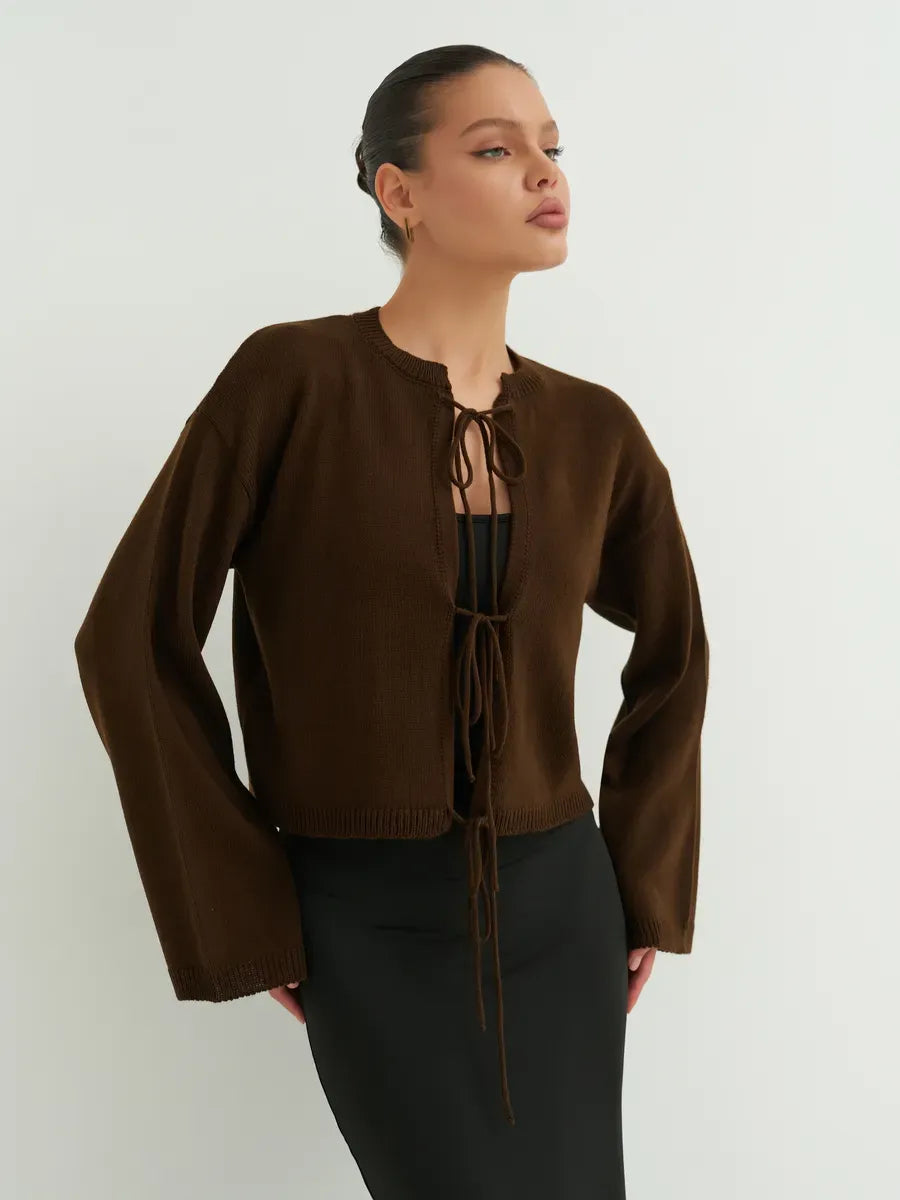 Umber Cardigan by Lauven - Cropped brown knit with tie-front detailing, perfect for summer-to-fall layering.