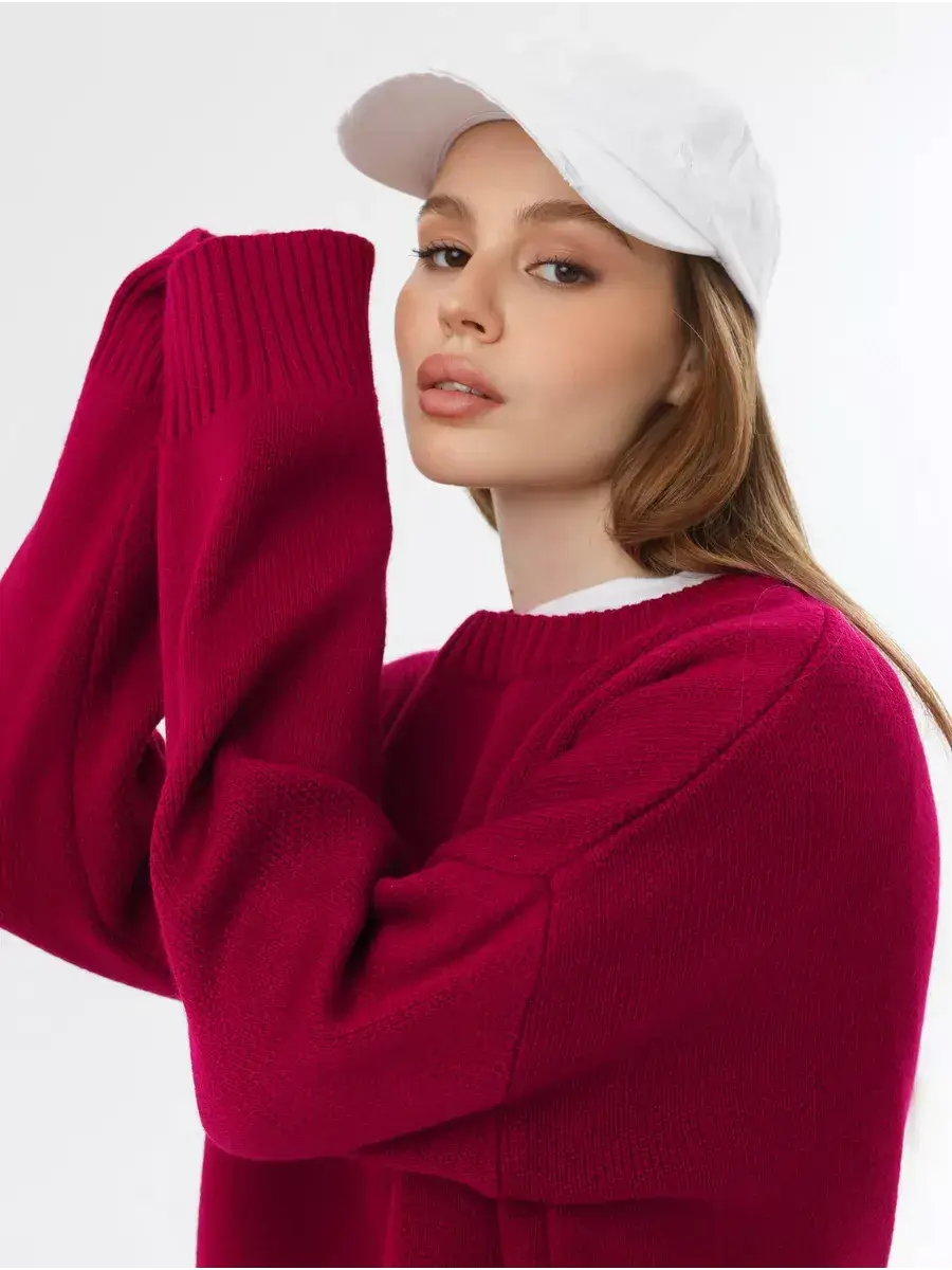 Vela Pullover by Lauven, oversized cropped women's sweater in rich burgundy with modern styling and chic look.