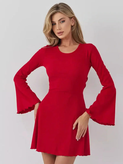 Stunning Velvet Flame red mini dress from Lauven featuring a flared sleeve design and flattering A-line silhouette.