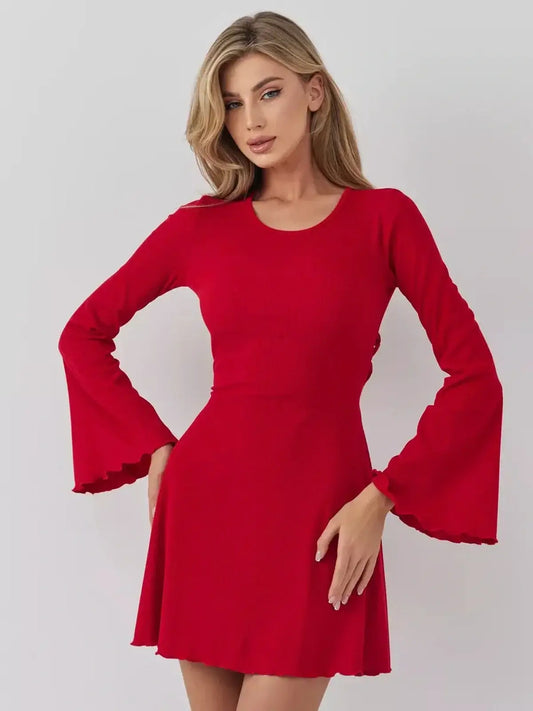 Stunning Velvet Flame red mini dress from Lauven featuring a flared sleeve design and flattering A-line silhouette.
