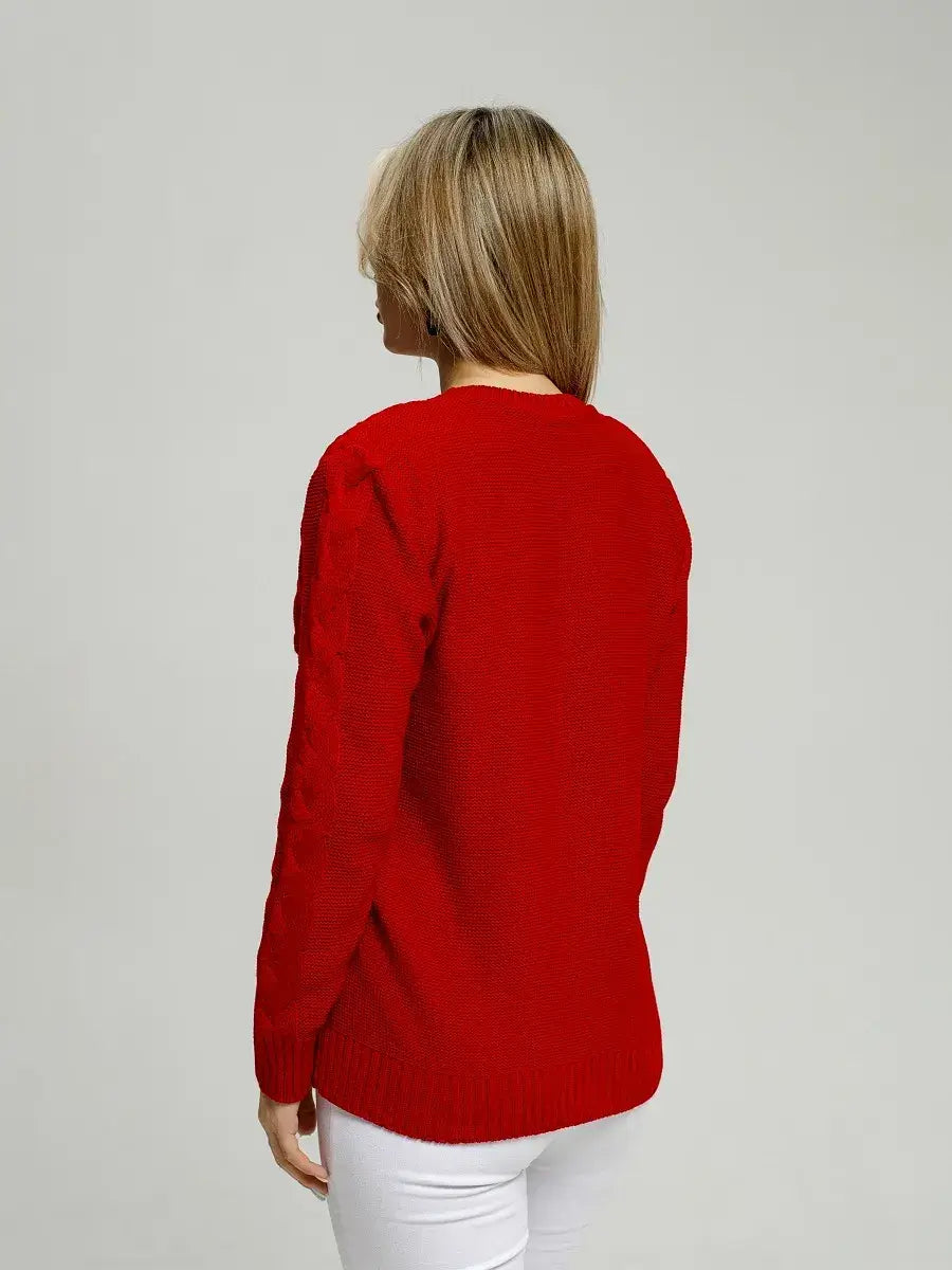 Vera Pullover by Lauven in vibrant red, showcasing the back view of its fitted knit design.