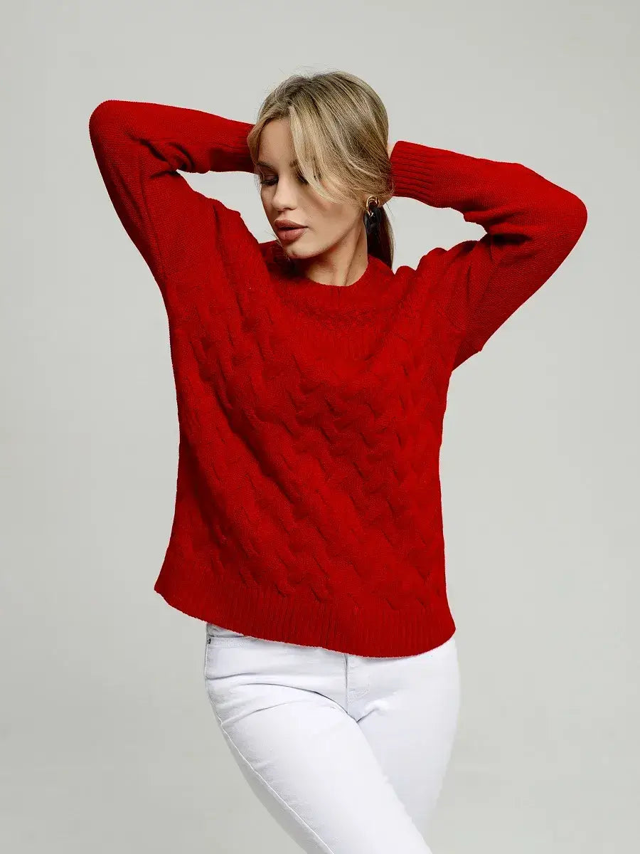 Vera Pullover by Lauven in vibrant red, showcasing classic fitted knit design and breathable comfort for women.
