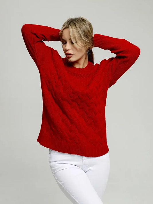 Vera Pullover by Lauven in vibrant red, showcasing classic fitted knit design and breathable comfort for women.