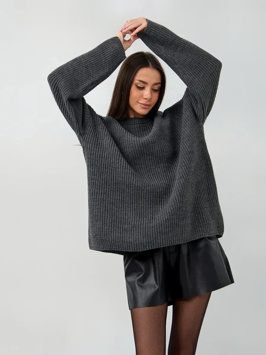 Vera Sweater by Lauven - Oversized dark gray knit pullover with crew neck, perfect for stylish comfort.