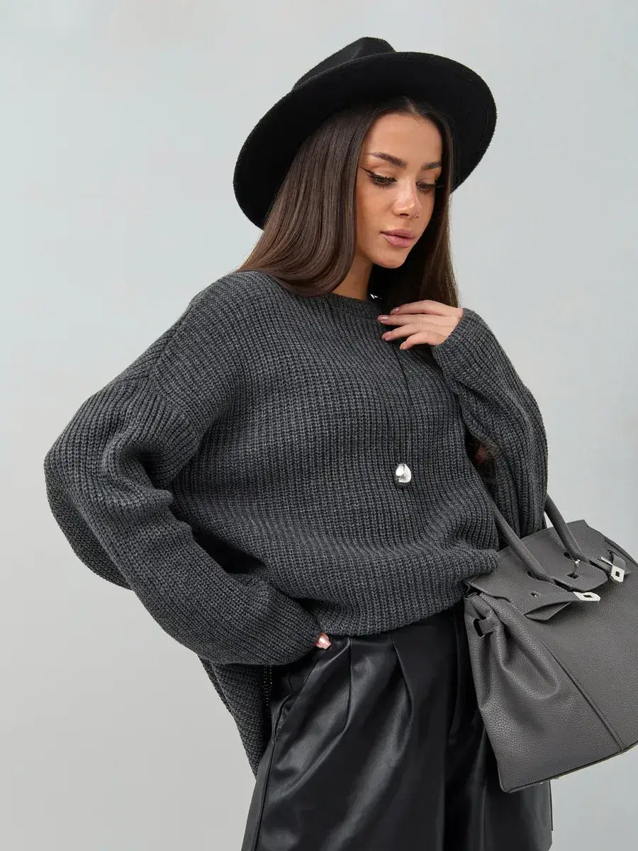 Vera Sweater by Lauven - Oversized dark gray knit pullover with crew neck, styled for effortless elegance.