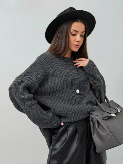 Vera Sweater by Lauven - Oversized dark gray knit pullover with crew neck, styled for effortless elegance.