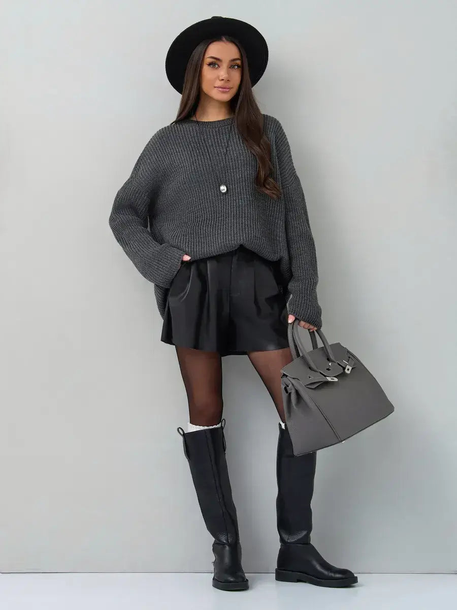 Vera Sweater by Lauven, oversized dark gray knit pullover styled with a chic outfit and accessories.