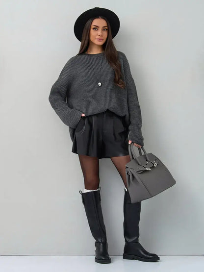 Vera Sweater by Lauven, oversized dark gray knit pullover styled with a chic outfit and accessories.