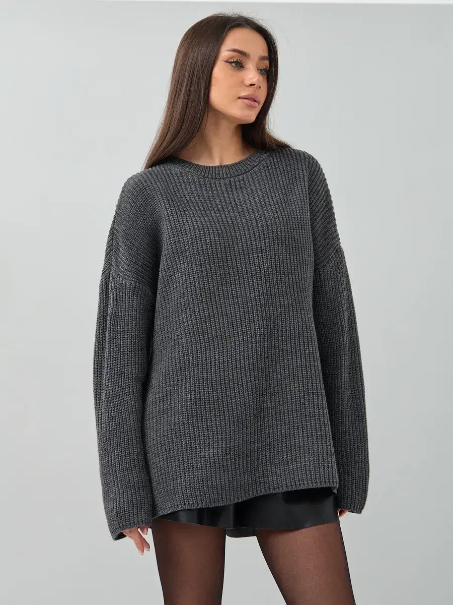 Vera Sweater by Lauven, oversized dark gray knit pullover with crew neck and relaxed silhouette, perfect for cold seasons.
