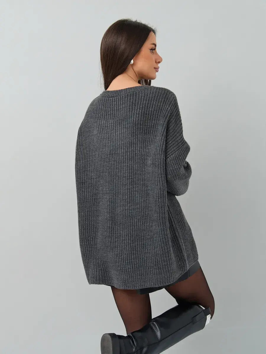Vera Sweater by Lauven, oversized dark gray knit pullover with crew neck and relaxed silhouette, perfect for cold seasons.