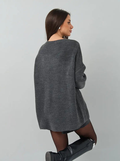 Vera Sweater by Lauven, oversized dark gray knit pullover with crew neck and relaxed silhouette, perfect for cold seasons.