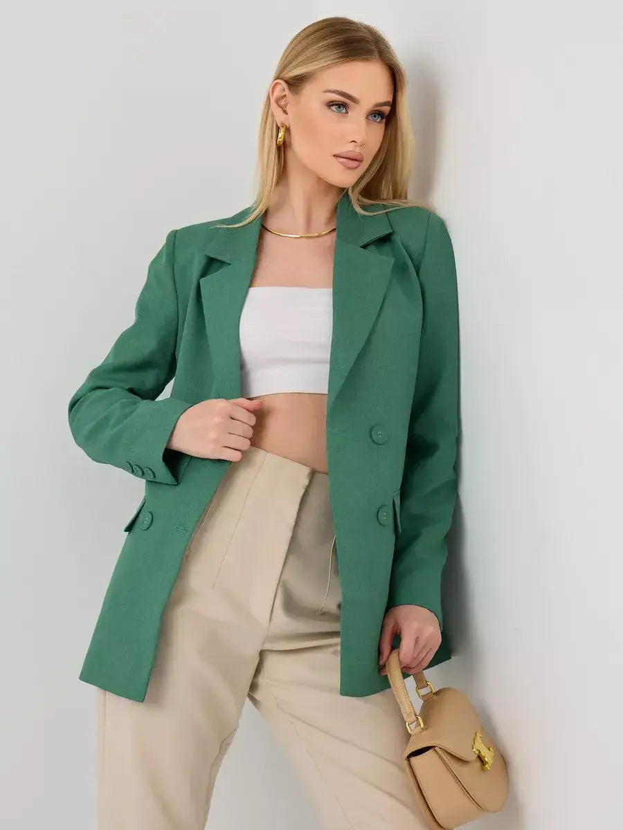 Verde Blazer by Lauven, an oversized double-breasted green tailored jacket for women's fashion.