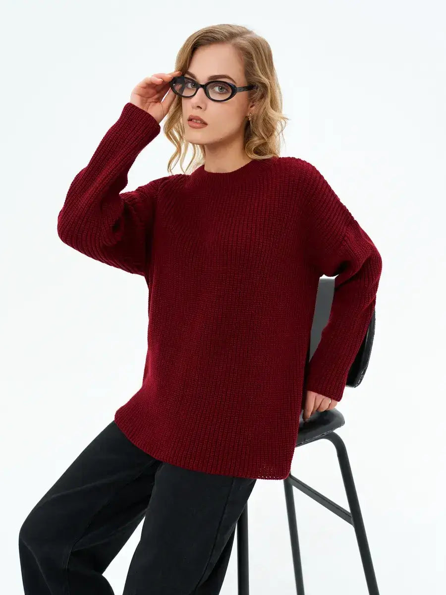Verona Sweater by Lauven in Deep Burgundy showcasing oversized knit design and relaxed fit style.