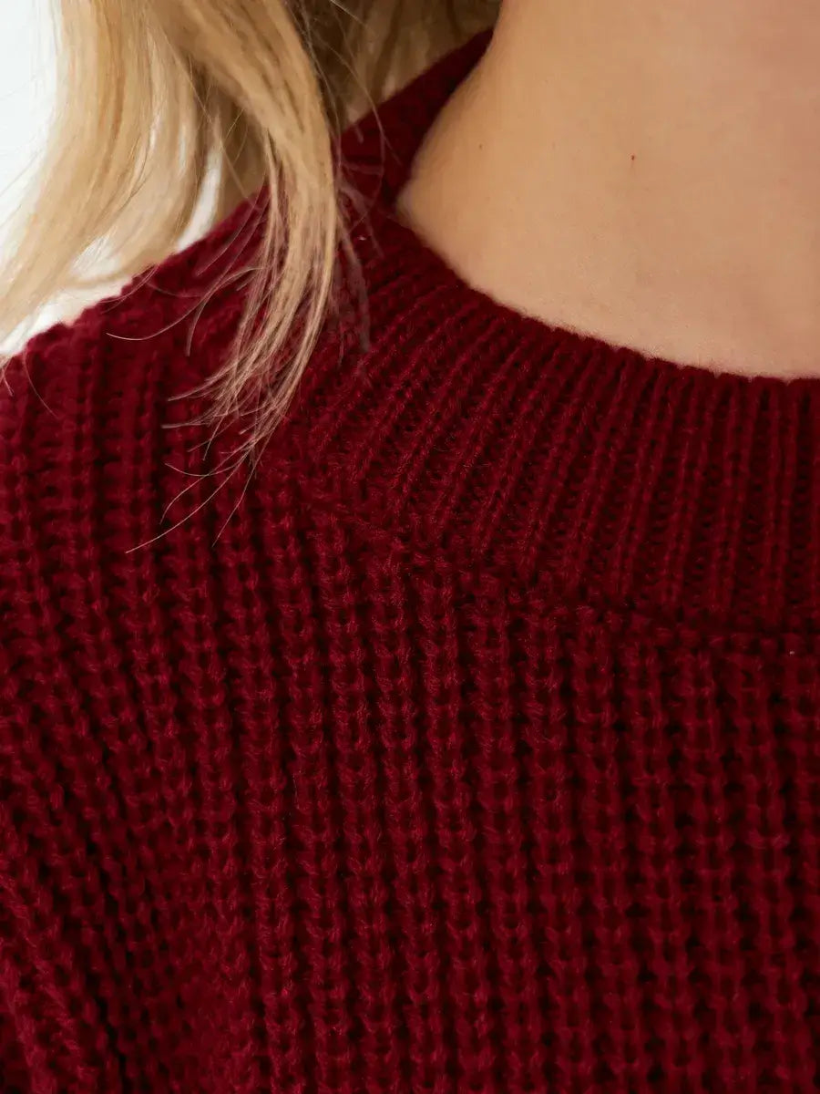 Verona Sweater by Lauven, oversized knit in deep burgundy with a round neckline and soft texture.