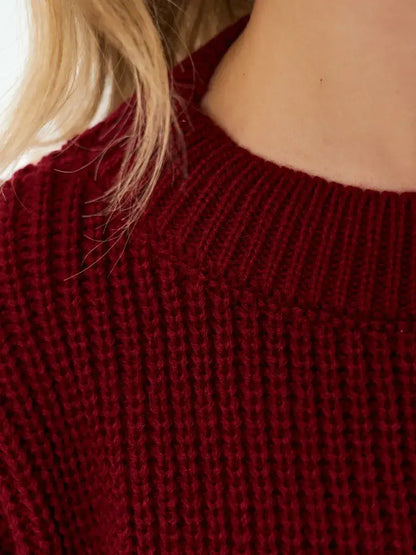 Verona Sweater by Lauven, oversized knit in deep burgundy with a round neckline and soft texture.