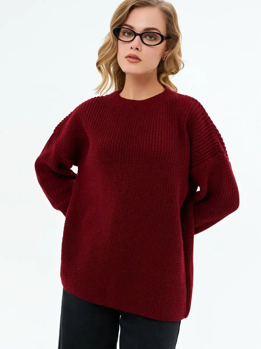 Verona Sweater by Lauven in deep burgundy, oversized knit for warmth and comfort in a stylish silhouette.