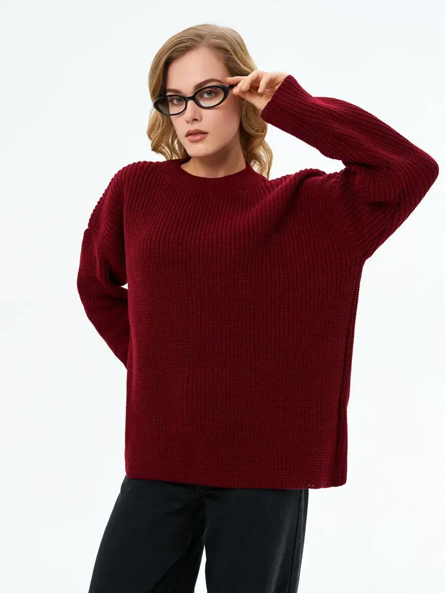 Verona Sweater by Lauven in deep burgundy, featuring oversized knit and relaxed fit, perfect for seasonal elegance.
