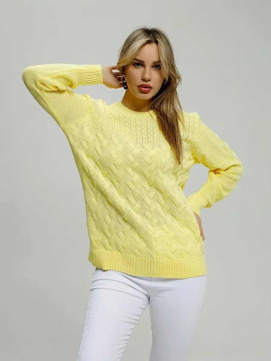 Vienna Sweater by Lauven in soft yellow knit, perfect for chic seasonal outfits and day-long comfort.