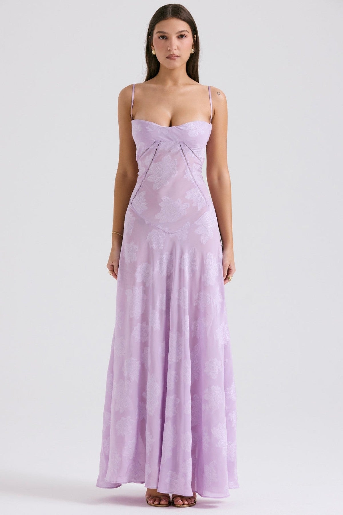 Violet maxi dress with delicate spaghetti straps, perfect for summer weddings and formal occasions.