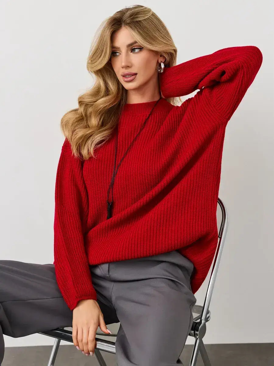 Viona Sweater by Lauven - Oversized red knit pullover with crew neck, ribbed texture for comfort and style.
