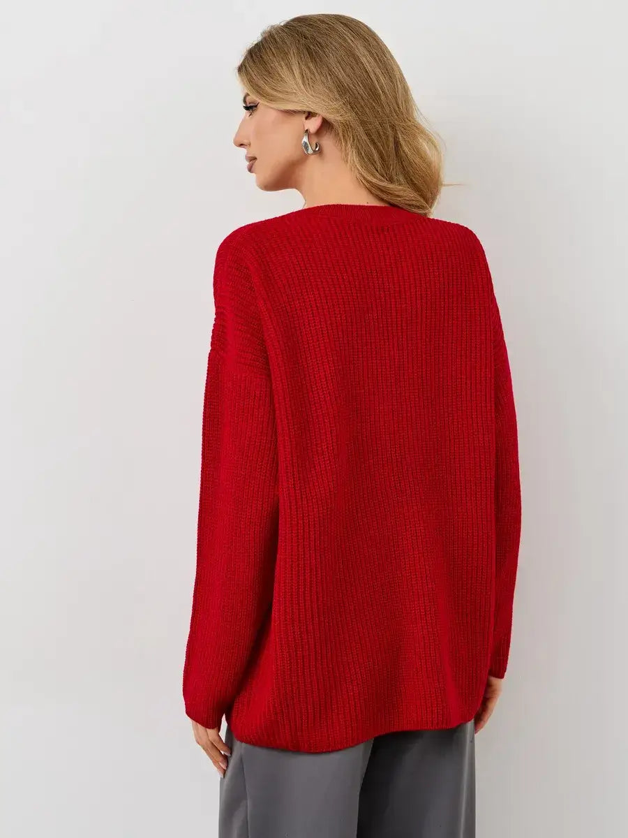Viona Sweater by Lauven - Oversized red knit with crew neck, showcasing a chunky ribbed texture from the back.