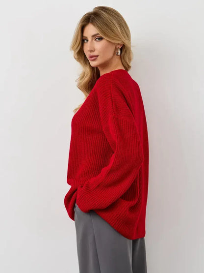 Viona Sweater by Lauven, oversized red knit with crew neck, showcasing a stylish and cozy design.