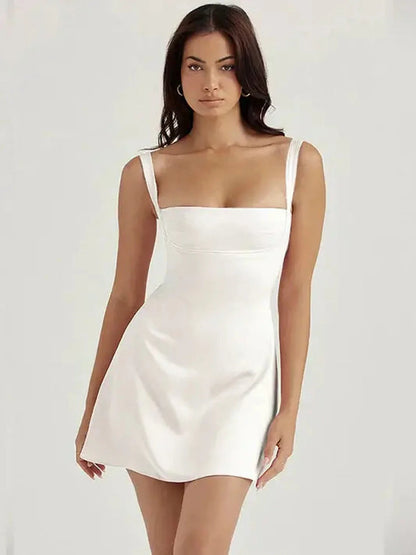 Yara Mini Dress in elegant satin finish, ideal for summer, weddings, and parties, flattering bodycon silhouette.