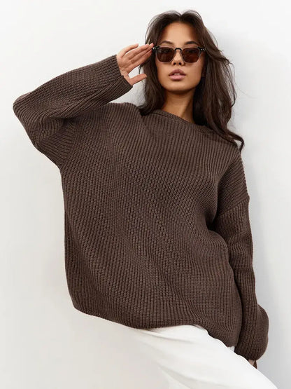 Oversized chocolate brown knit Zara Sweater by Lauven, featuring a crew neck and chunky ribbed texture, perfect for cool seasons.