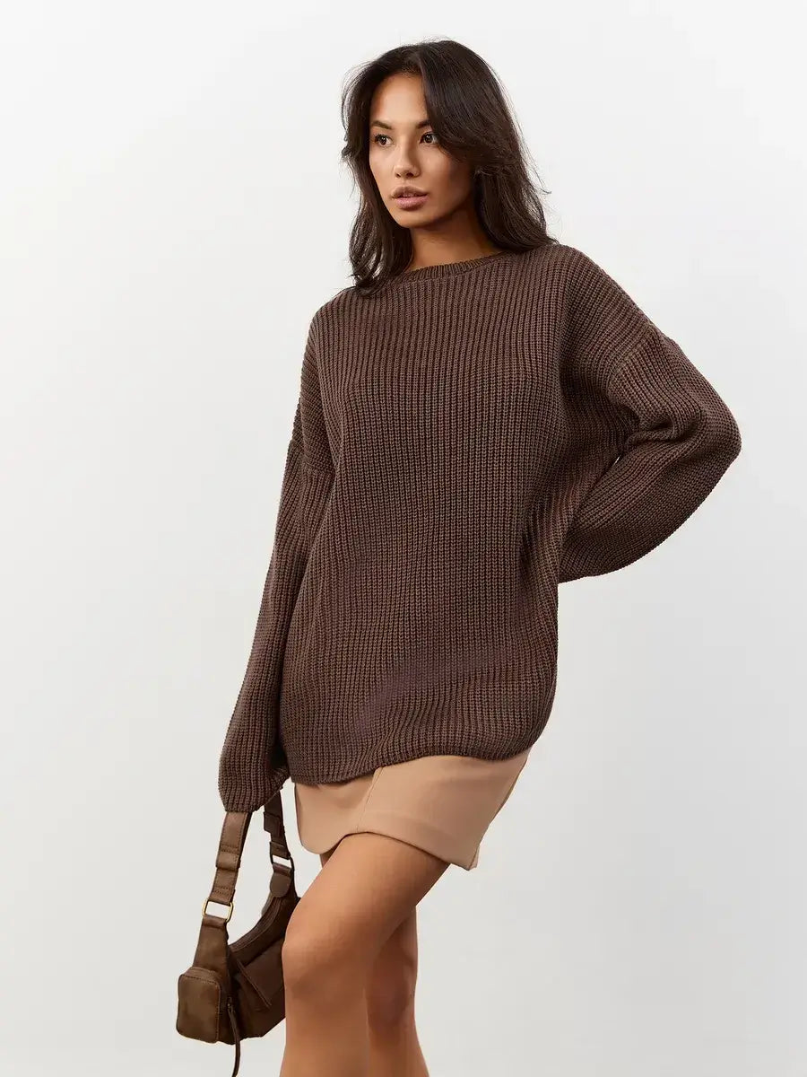Zara Sweater in oversized chocolate brown knit, paired with a beige mini skirt and bag from Lauven.