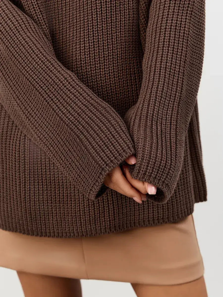 Zara Sweater by Lauven featuring an oversized chocolate brown knit with chunky ribbed texture, perfect for cozy styling.